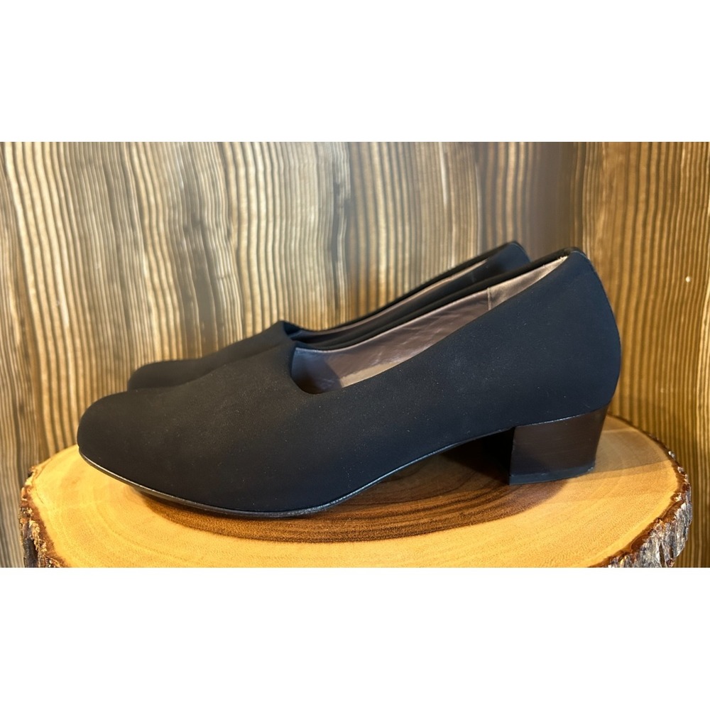 SAS Shoes Lucia Italian Black Pumps Block Heel 1" Leather Sole Stretch Size 7WW